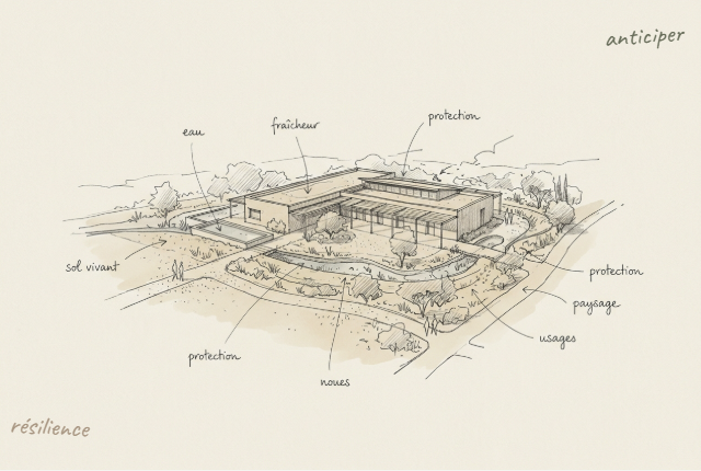 Croquis d’une architecture résiliente intégrée à son paysage