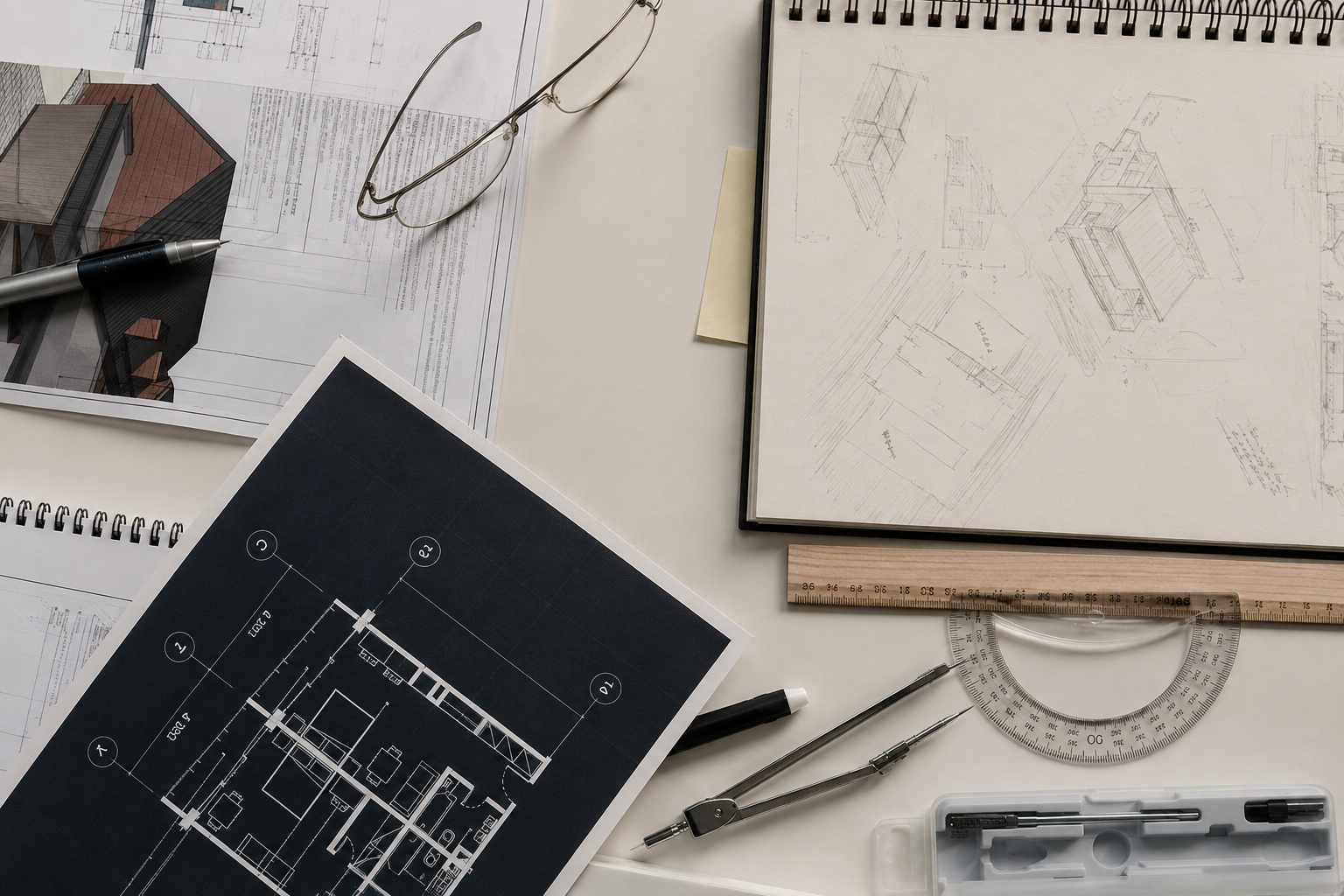 Table de travail d’architecte avec croquis, plans et instruments de dessin